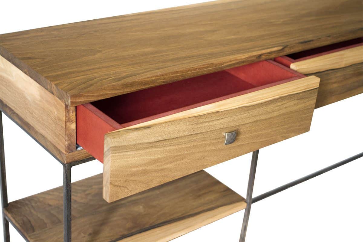 Console Shibumi 渋み, bois de noyer, tiroirs en valchromat rouge et acier, par l'Atelier Villard, ébéniste artisan d'art.