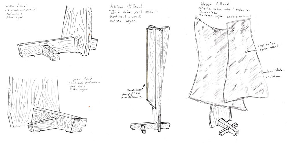 Objet lumineux "Je te salue vieil ocean", noyer et papiers washi, éclairage LED, lauréat du Concours Fibois Normandie 2024 catégorie Professionnels, par l'Atelier Villard, ébéniste artisan d'art.
