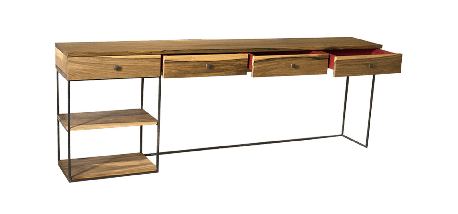 Enfilade Shibumi 渋み, bois de noyer, tiroirs en valchromat rouge et acier, par l'Atelier Villard.
