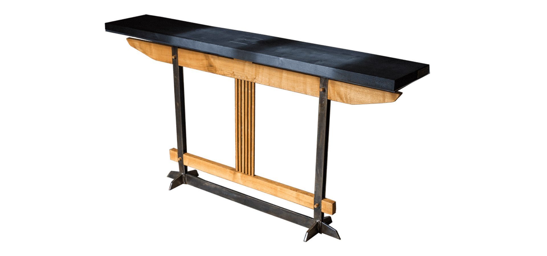 Console artisanale en merisier et acier, plateau en bois brulé Shou Sugi Ban, par l'Atelier Villard.