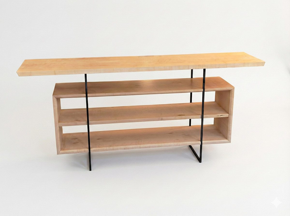Table en manière de console Shibui 渋い, bois d’érable champêtre et acier, par l'Atelier Villard.